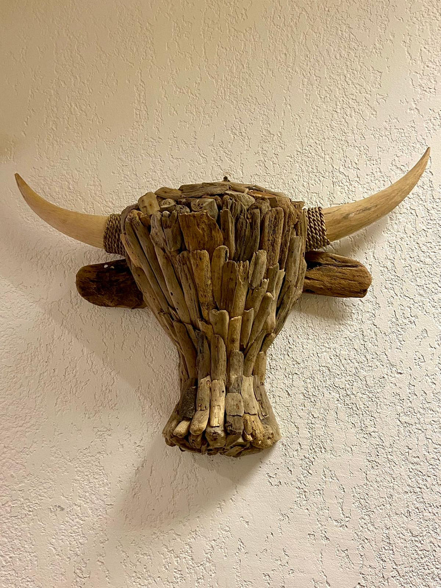 Trophée Mural Tête De Buffle XL En Bois Sculpté - Décoration Nature, Taille 70cm, Coco Papaya